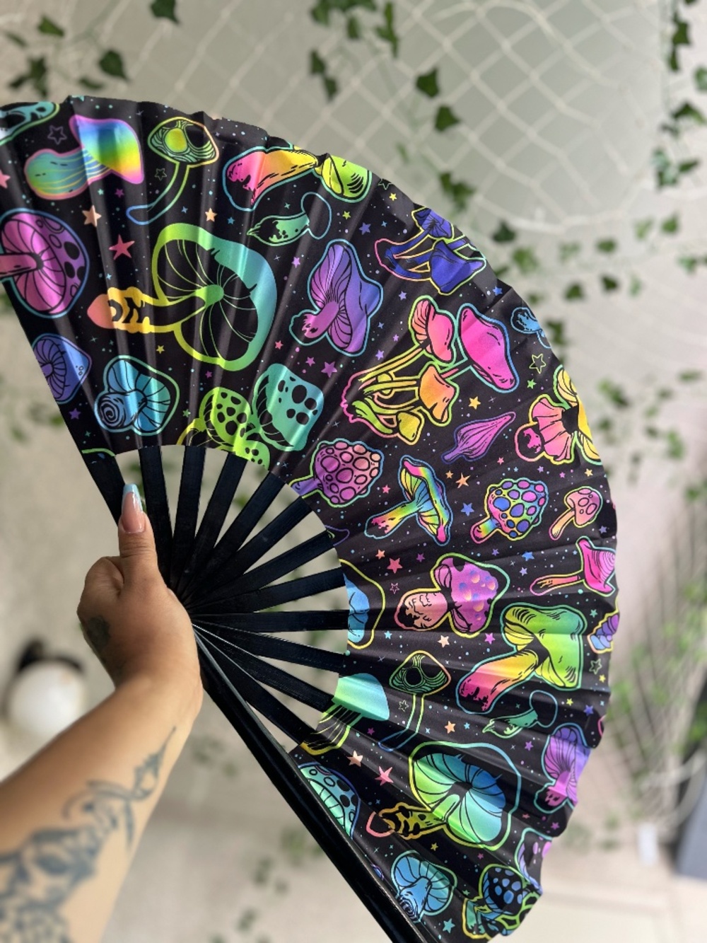 Trippy Mushroom Rave Folding Fan Psychedelic Festival Hand Fan EDM Outfit
